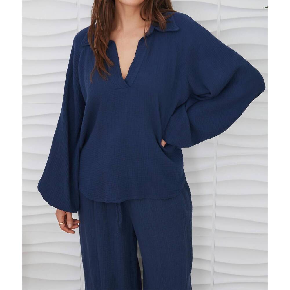 NEW MILIO MILANO italian cotton gauze v-neck tunic in navy